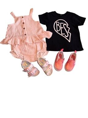 BFF Heart Tee & Pink Ruffle Romper Set 24M w/ Vans & Sandals